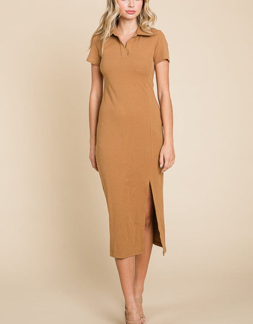 Load image into Gallery viewer, Collared Side Split Ribbed Bodycon Midi Dress by RolyPoly Apparel
