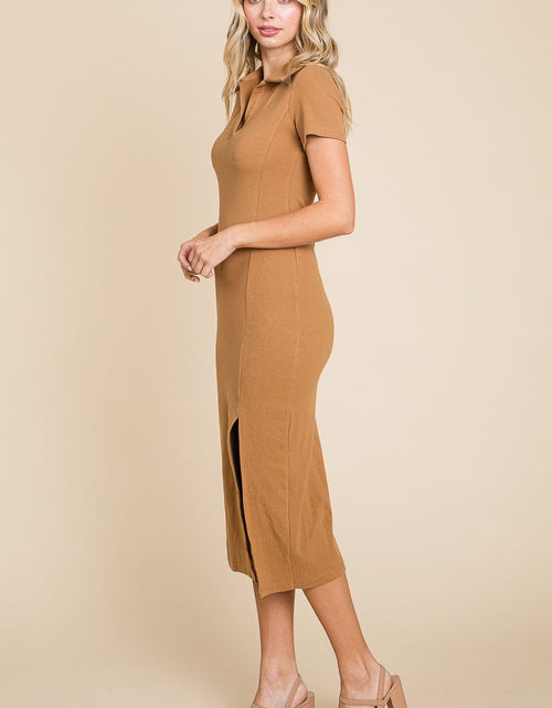 Load image into Gallery viewer, Collared Side Split Ribbed Bodycon Midi Dress by RolyPoly Apparel
