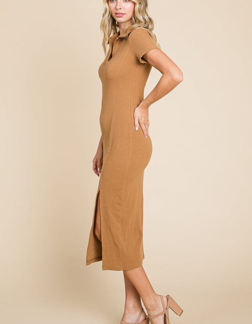 Load image into Gallery viewer, Collared Side Split Ribbed Bodycon Midi Dress by RolyPoly Apparel
