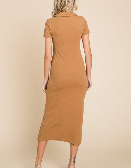 Load image into Gallery viewer, Collared Side Split Ribbed Bodycon Midi Dress by RolyPoly Apparel
