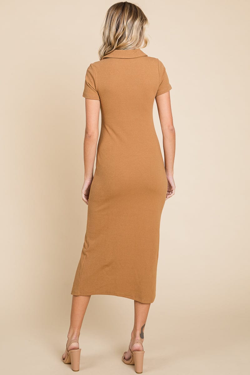 Collared Side Split Ribbed Bodycon Midi Dress by RolyPoly Apparel