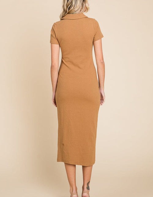 Load image into Gallery viewer, Collared Side Split Ribbed Bodycon Midi Dress by RolyPoly Apparel
