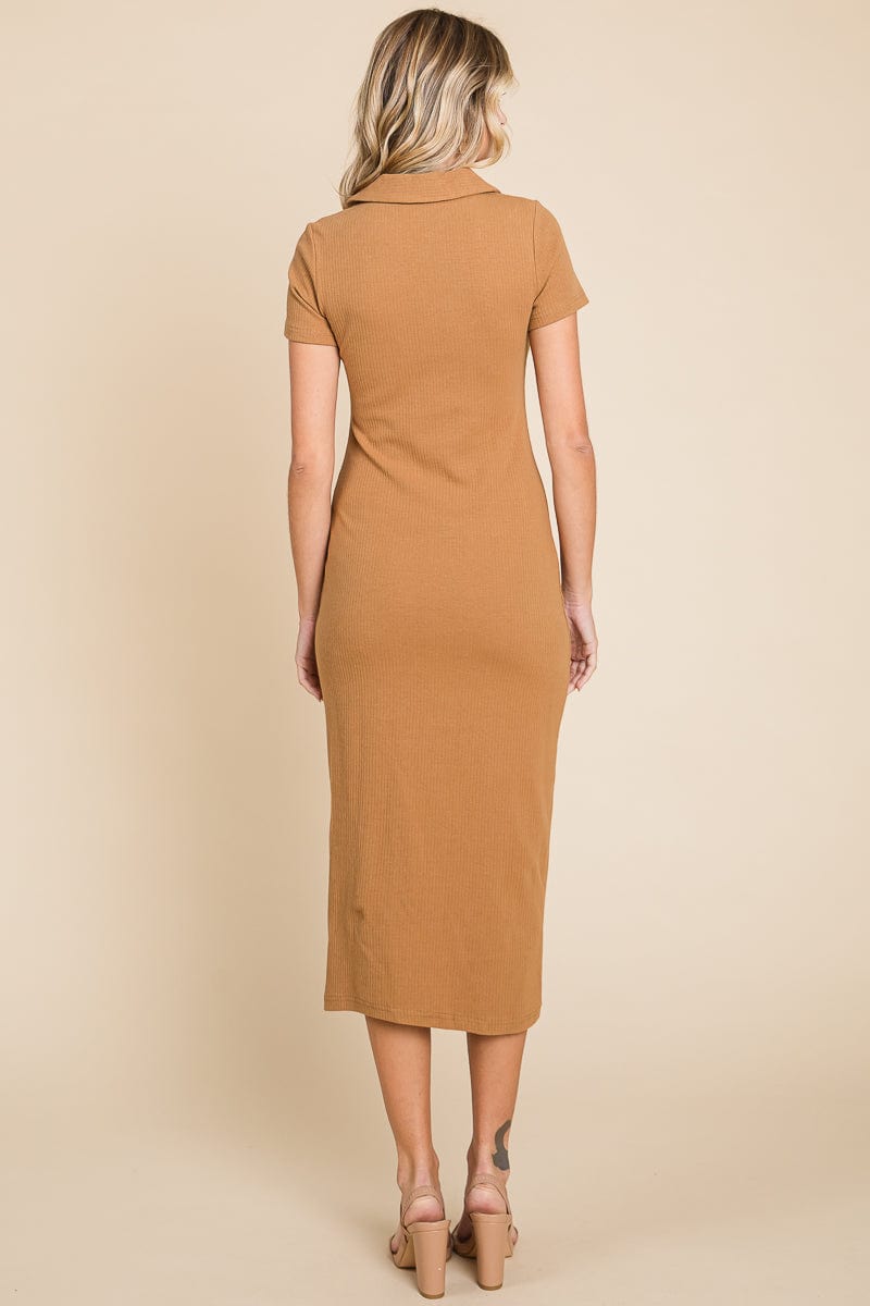 Collared Side Split Ribbed Bodycon Midi Dress by RolyPoly Apparel