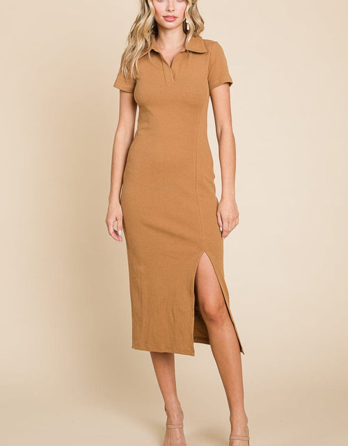 Load image into Gallery viewer, Collared Side Split Ribbed Bodycon Midi Dress by RolyPoly Apparel
