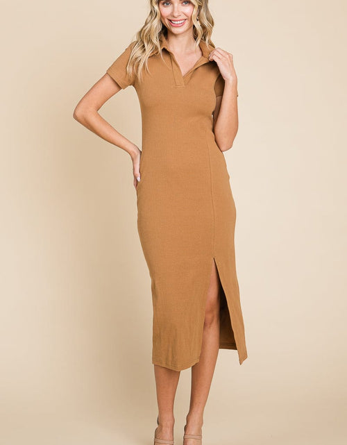 Load image into Gallery viewer, Collared Side Split Ribbed Bodycon Midi Dress by RolyPoly Apparel
