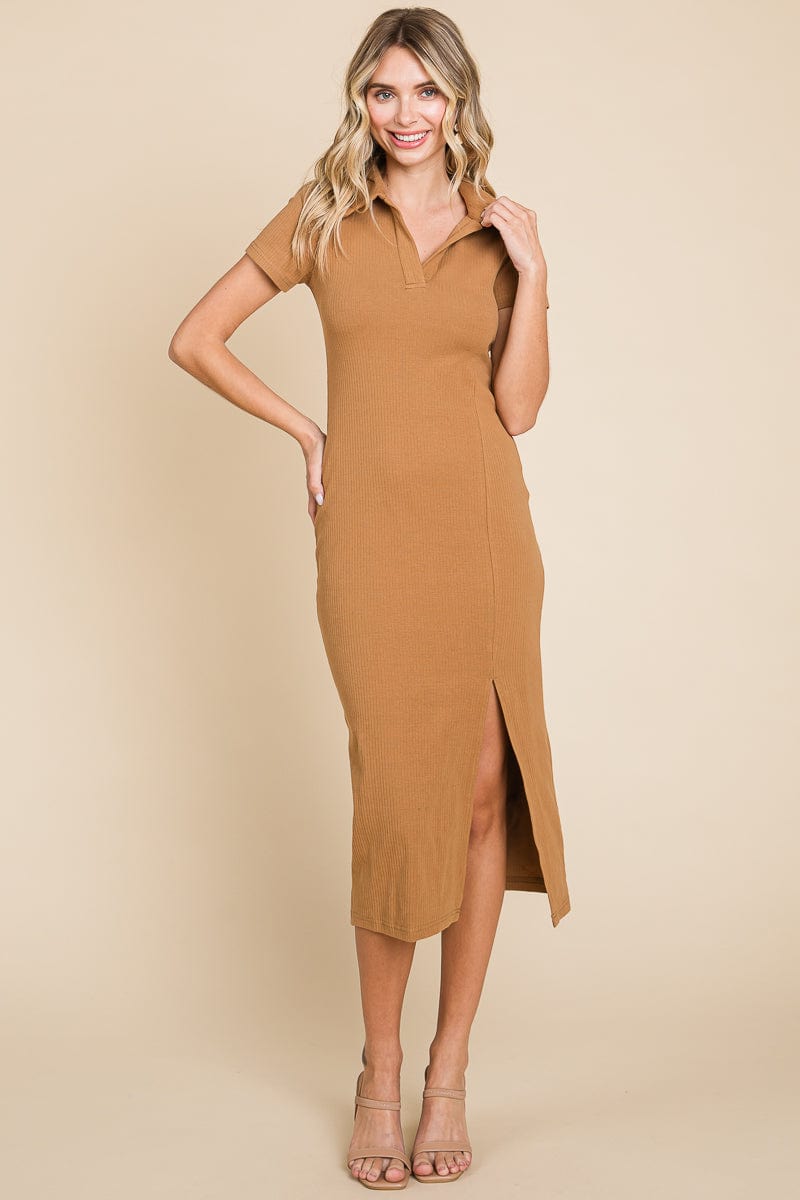 Collared Side Split Ribbed Bodycon Midi Dress by RolyPoly Apparel