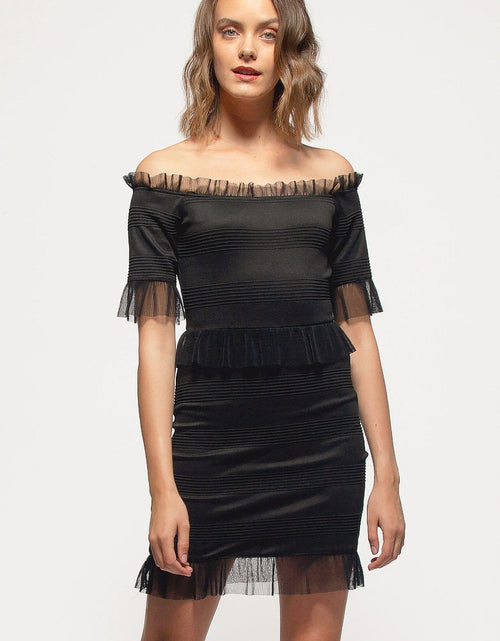 Load image into Gallery viewer, Off Shoulder Lace Trim Bodycon Dress In Black by Shop at Konus
