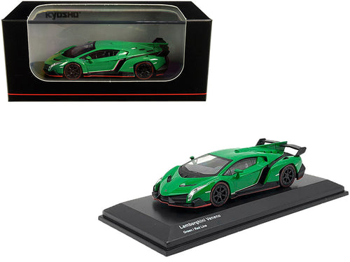 Load image into Gallery viewer, Lamborghini Veneno Green with Red Line 1/64 Diecast Model Car by Kyosho
