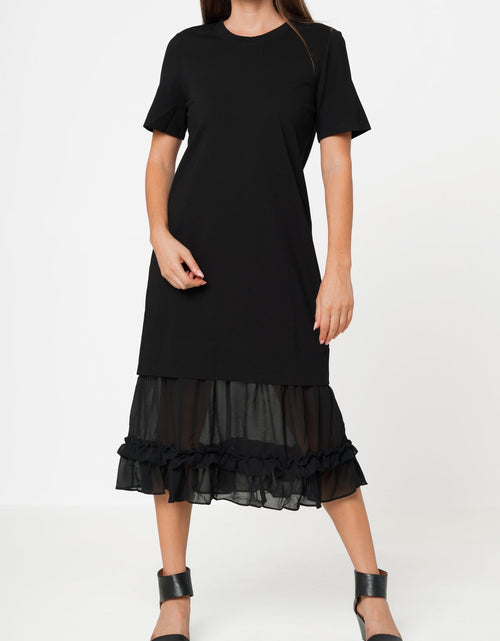 Load image into Gallery viewer, Sheer Contrast Ruffle Hem Midi Dress In Black by Shop at Konus
