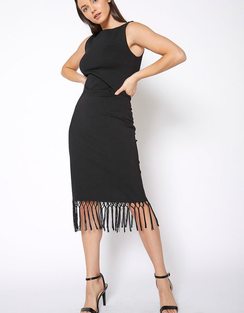 Load image into Gallery viewer, Tassel Hem Sleeveless Midi Bodycon Dress in Black by Shop at Konus
