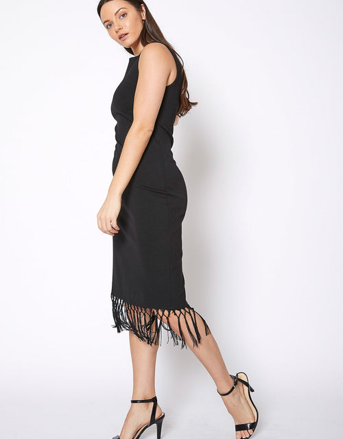 Load image into Gallery viewer, Tassel Hem Sleeveless Midi Bodycon Dress in Black by Shop at Konus
