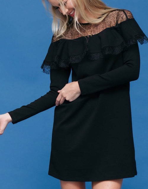 Load image into Gallery viewer, Lace Trim Sweatshirt Dress In Black by Shop at Konus

