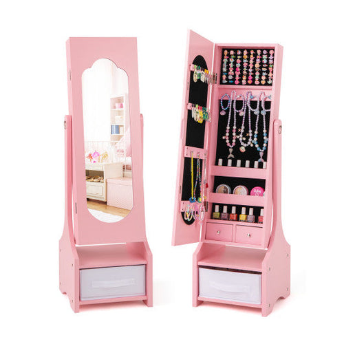 Load image into Gallery viewer, Freestanding Kids Jewelry Armoire Cabinet with Storage and 2 Tilt Angles-Pink
