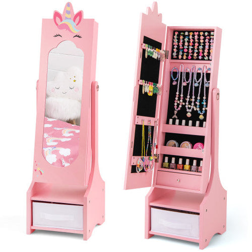 Load image into Gallery viewer, Kids Jewelry Cabinet with Full-Length Mirror for Kids Bedroom and Playroom-Pink
