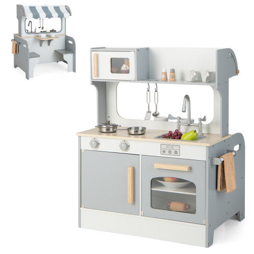 Load image into Gallery viewer, Double Sided Kids Pretend Kitchen Playset with 2-Seat Cafe-Gray
