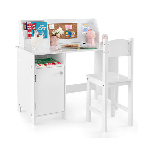 Load image into Gallery viewer, Wooden Kids Study Desk and Chair Set with Storage Cabinet and Bulletin Board-White
