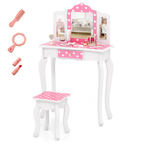 Load image into Gallery viewer, Princess Pretend Play Makeup Dressing Table with Cute Polka Dot Print-Pink
