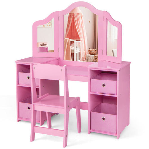 Load image into Gallery viewer, Kids Vanity Table and Chair Set with Removable Mirrors and 4 Storage Bins-Pink
