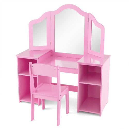 Load image into Gallery viewer, Kids Vanity Table and Chair Set with Removable Tri-Folding Mirror-Pink
