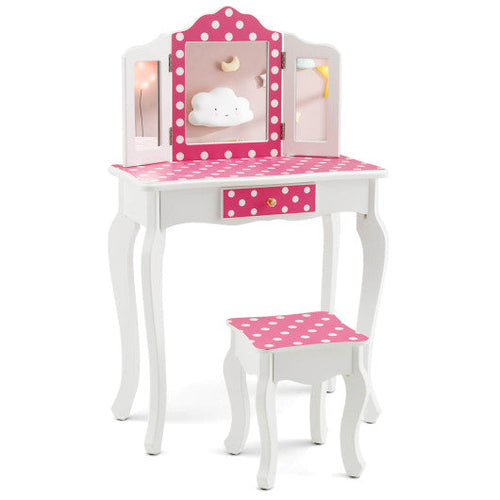 Load image into Gallery viewer, Kids Vanity Table and Stool Set with Cute Polka Dot Print-Pink
