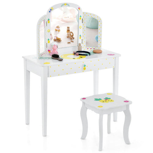 Load image into Gallery viewer, Kids Vanity Table Set with Tri-Folding Mirror and Large Drawer-White
