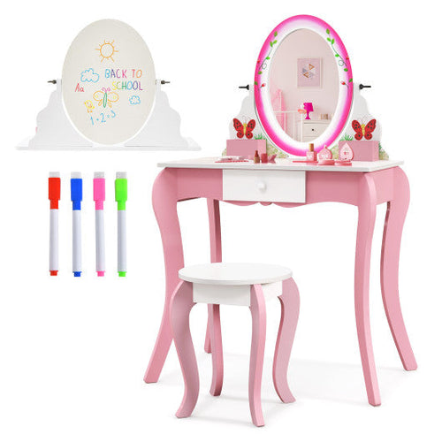 Load image into Gallery viewer, Kids Vanity Table and Stool Set with 360° Rotating Mirror and Whiteboard-Pink
