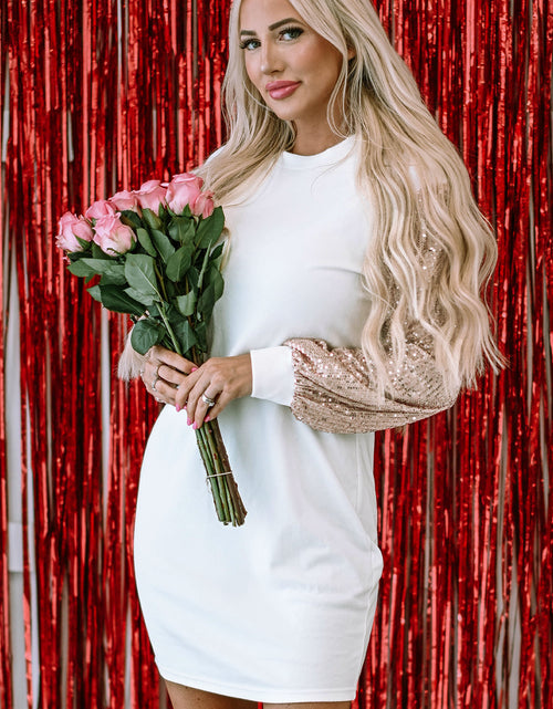 Load image into Gallery viewer, Mandy Sequin Puff Sleeve Shift Mini Dress by Threaded Pear
