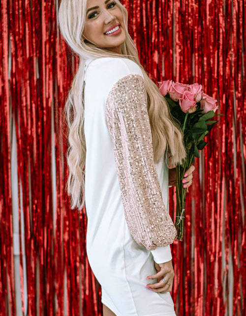 Load image into Gallery viewer, Mandy Sequin Puff Sleeve Shift Mini Dress by Threaded Pear
