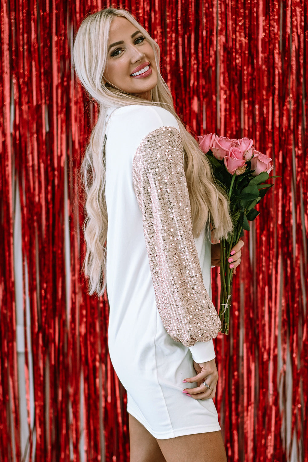 Mandy Sequin Puff Sleeve Shift Mini Dress by Threaded Pear