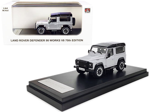 Load image into Gallery viewer, Land Rover Defender 90 Works V8 Silver Metallic with Black Top "70th Edition" 1/64 Diecast Model Car by LCD Models
