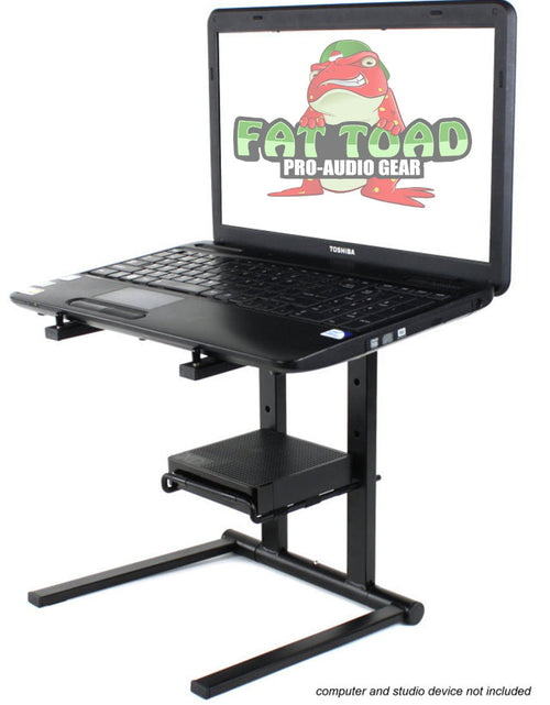 Load image into Gallery viewer, Folding DJ Laptop Stand with Sub-tray Shelf by FAT TOAD - Pro Audio Computer Table Top Rack Stand Mount for iPads, Mixer Controller &amp; Tablets PC Gear by GeekStands.com

