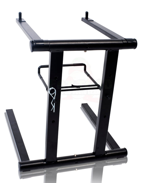 Load image into Gallery viewer, Folding DJ Laptop Stand with Sub-tray Shelf by FAT TOAD - Pro Audio Computer Table Top Rack Stand Mount for iPads, Mixer Controller &amp; Tablets PC Gear by GeekStands.com
