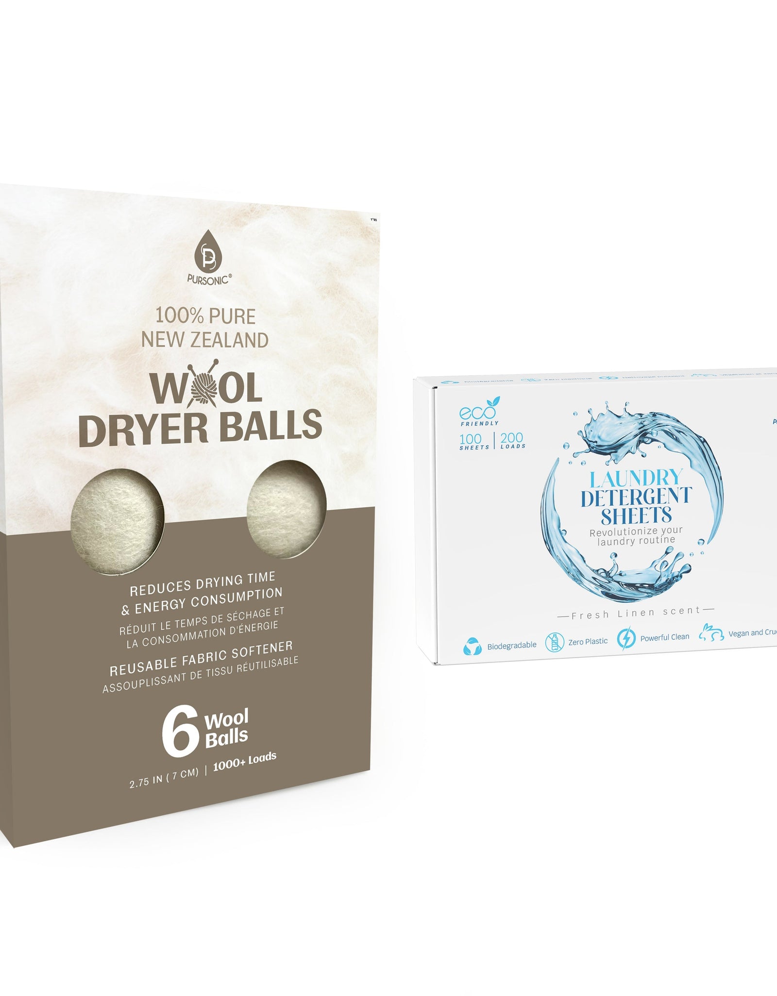 Laundry Care Essentials Bundle: 100 Detergent Sheets + 6 Wool Dryer Balls Pack by Pursonic