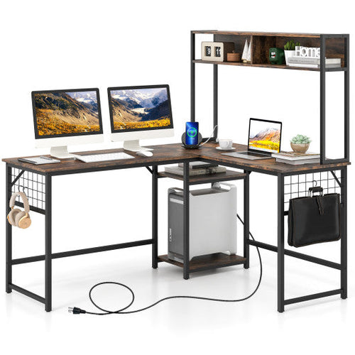 Load image into Gallery viewer, L-shaped Desk with Power Outlet Hutch-Rustic Brown
