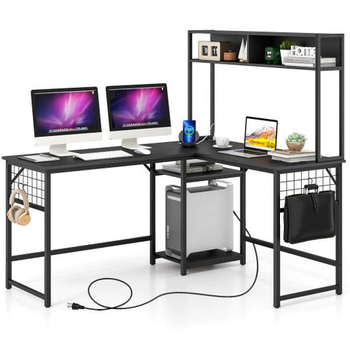 Load image into Gallery viewer, L-shaped Desk with Power Outlet Hutch-Black
