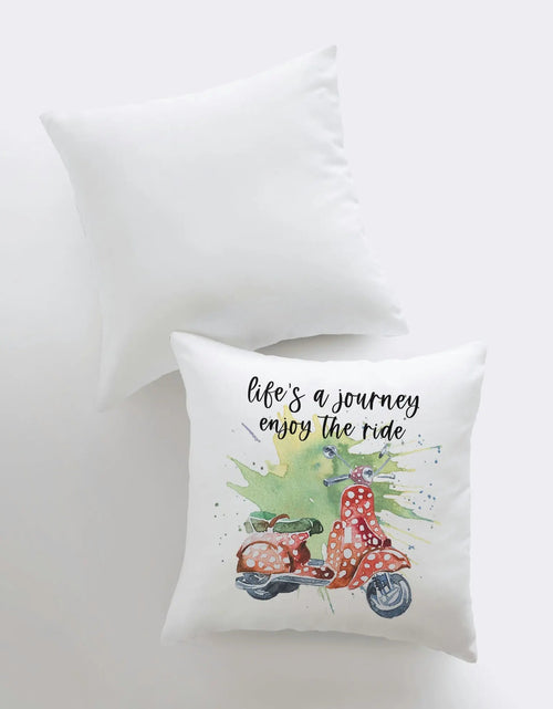 Load image into Gallery viewer, Life's a Journey | Pillow Cover | Travel Quote | Throw Pillow | Enjoy the Ride | Pillow | Inspirational Quote | Home Decor | Moped by UniikPillows
