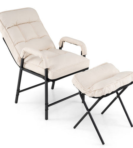 Linen Fabric Modern Accent Chair with Ottoman and Adjustable Backrest-Beige