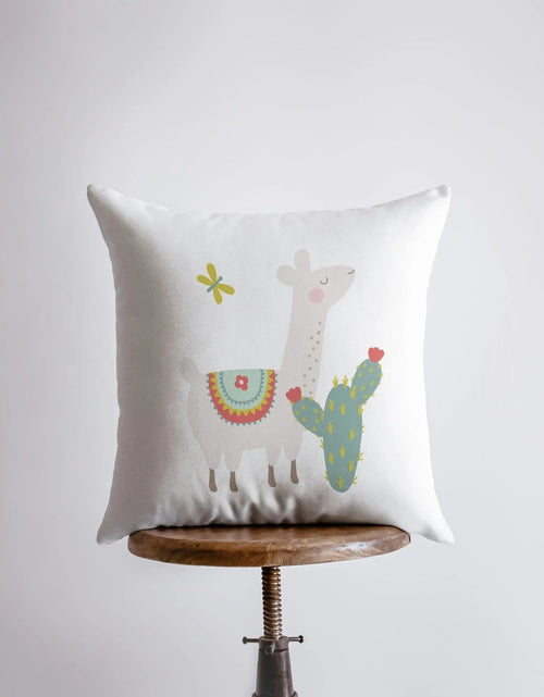 Load image into Gallery viewer, Llama with Green Cactus | Alpaca Pillow | Good Vibes Only | Cactus Pillow | Positive Vibes |South West | Lumbar Pillow | Llama Pillow Case by UniikPillows
