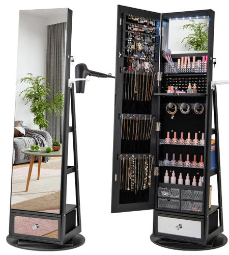 Lockable 360° Swivel Jewelry Cabinet with Full-Length Mirror LED Lights-Black