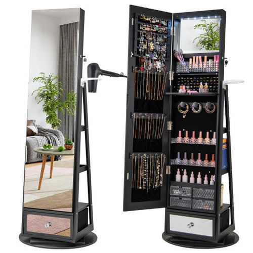 Load image into Gallery viewer, Lockable 360° Swivel Jewelry Cabinet with Full-Length Mirror LED Lights-Black

