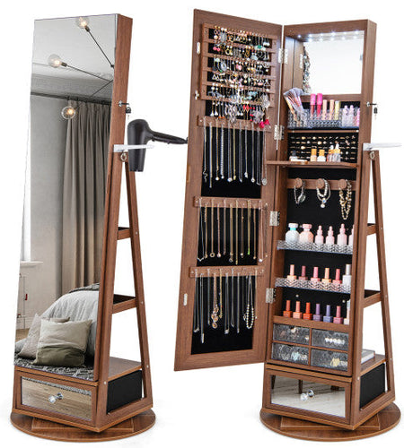 Lockable 360° Swivel Jewelry Cabinet with Full-Length Mirror LED Lights-Walnut