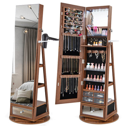 Load image into Gallery viewer, Lockable 360° Swivel Jewelry Cabinet with Full-Length Mirror LED Lights-Walnut
