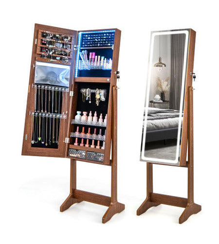 Lockable Jewelry Armoire Standing Cabinet with Lighted Full-Length Mirror-Walnut