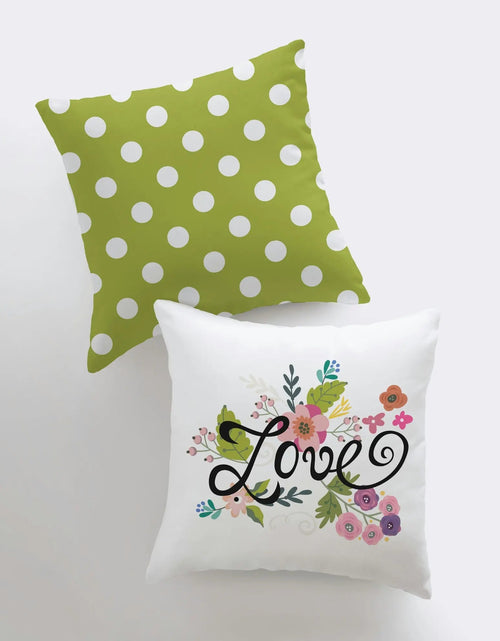Load image into Gallery viewer, Love Floral Green Polkadot Pillow Cover | Throw Pillow | Home Decor | Rustic Farm | Valentines Decor | I Love You Gift | Valentine Day Decor by UniikPillows
