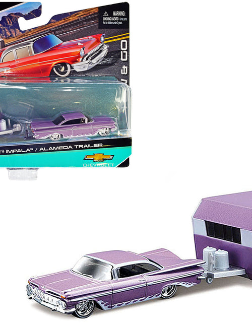 Load image into Gallery viewer, 1959 Chevrolet Impala Purple Metallic with White Graphics and Alameda Trailer Purple Metallic and White "Tow &amp; Go" Series 1/64 Diecast Model Car by Maisto

