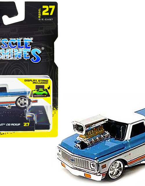 Load image into Gallery viewer, 1972 Chevrolet C10 Pickup Truck Blue and White with Stripes 1/64 Diecast Model Car by Muscle Machines
