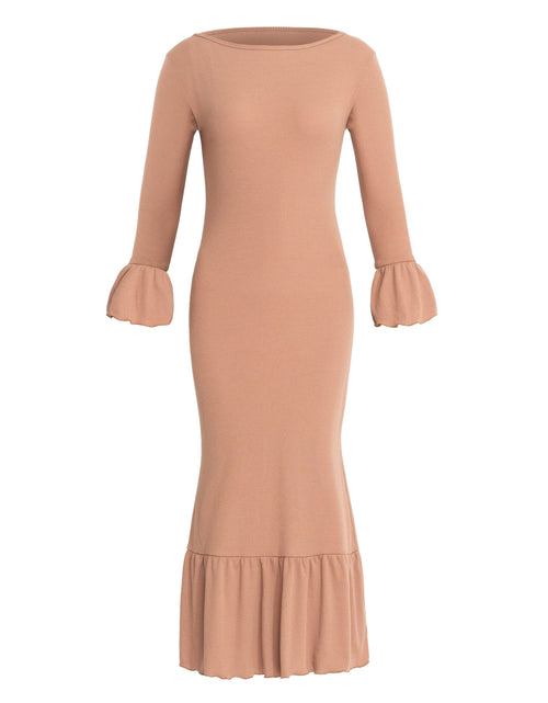 Load image into Gallery viewer, MARJORIE Ruffle Rib Dress, in Camel Brown by BrunnaCo
