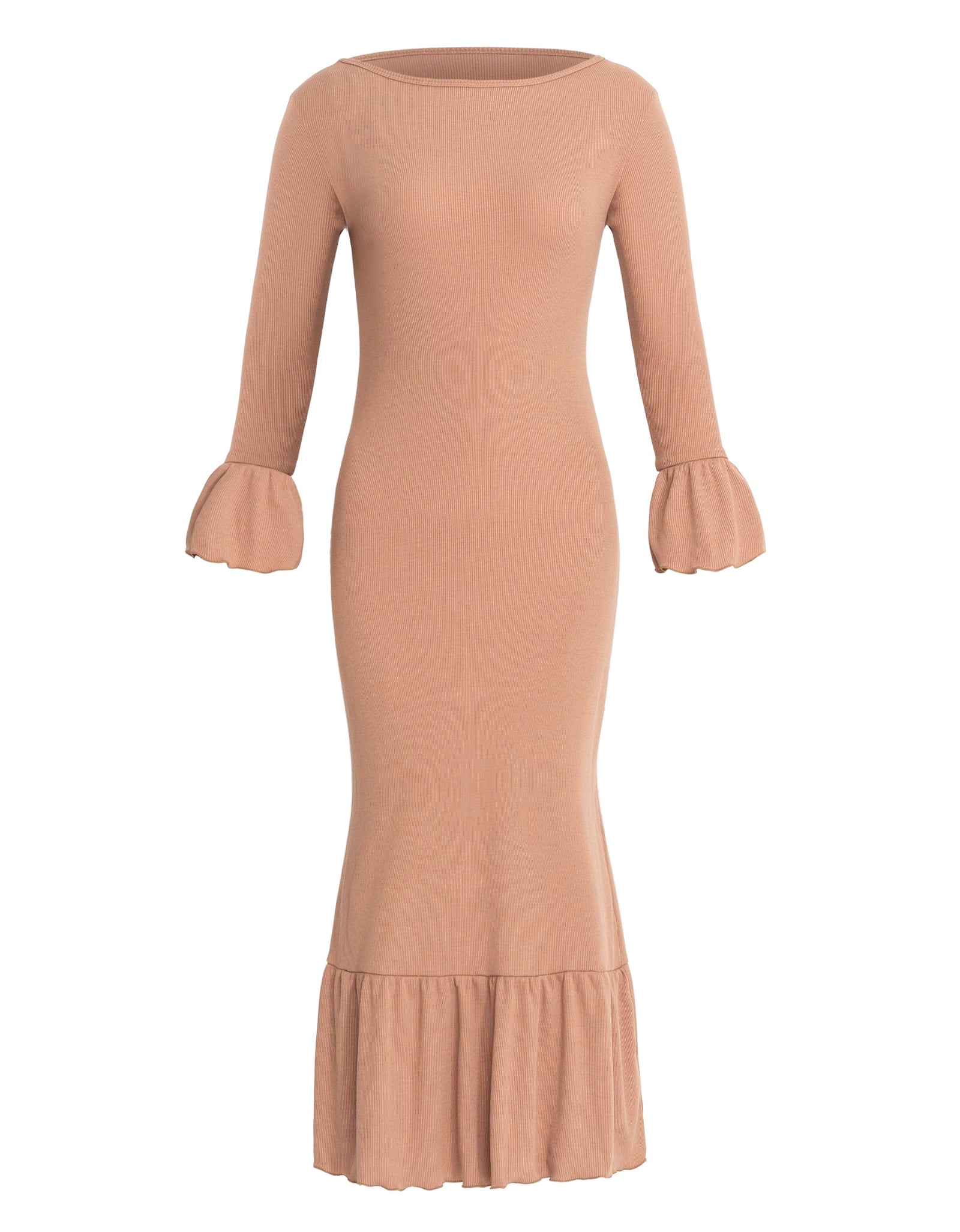 MARJORIE Ruffle Rib Dress, in Camel Brown by BrunnaCo