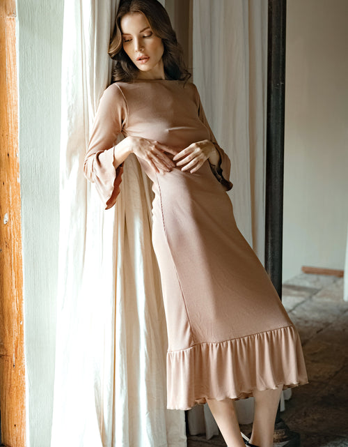 Load image into Gallery viewer, MARJORIE Ruffle Rib Dress, in Camel Brown by BrunnaCo
