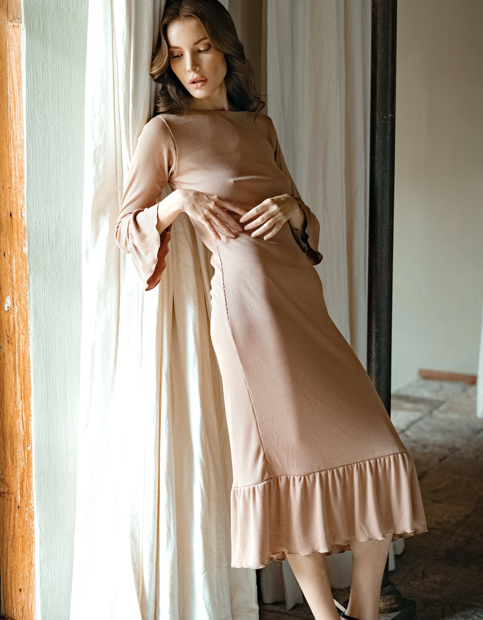 MARJORIE Ruffle Rib Dress, in Camel Brown by BrunnaCo